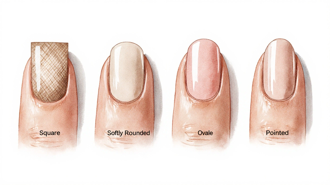 Čtyři přírodní tvary nehtů: čtvercový, zaoblený, oválný a špičatý, bez laku.