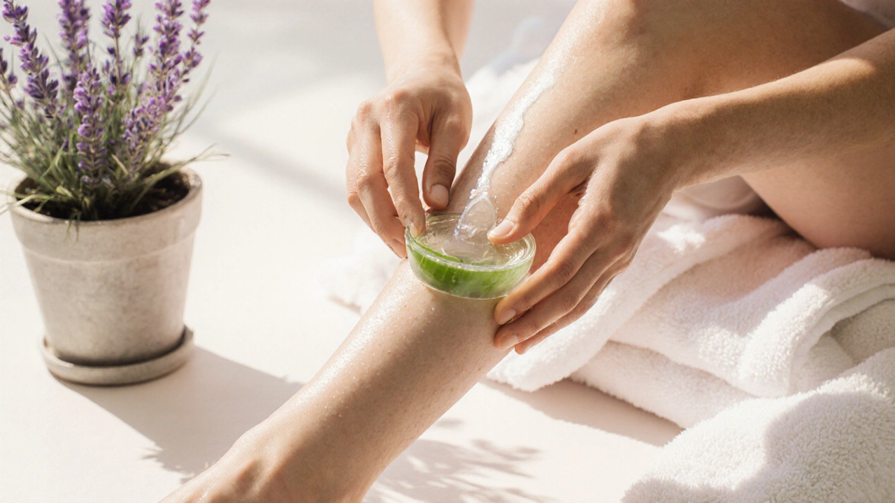 Hladká noha po depilaci, žena nanáší aloe gel.