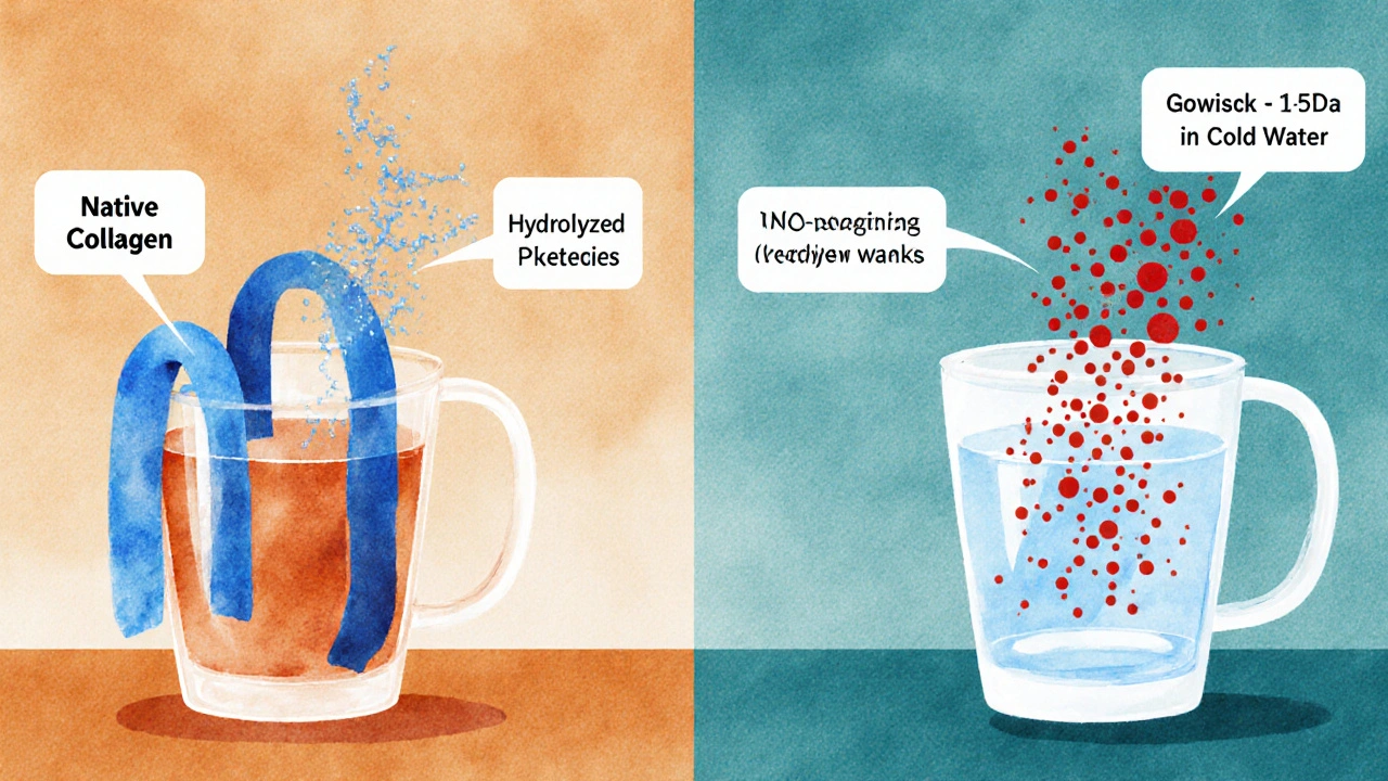 Ilustrace s velkými molekulami nativního kolagenu vs malými hydrolyzovanými peptidy a jejich vstřebáním.
