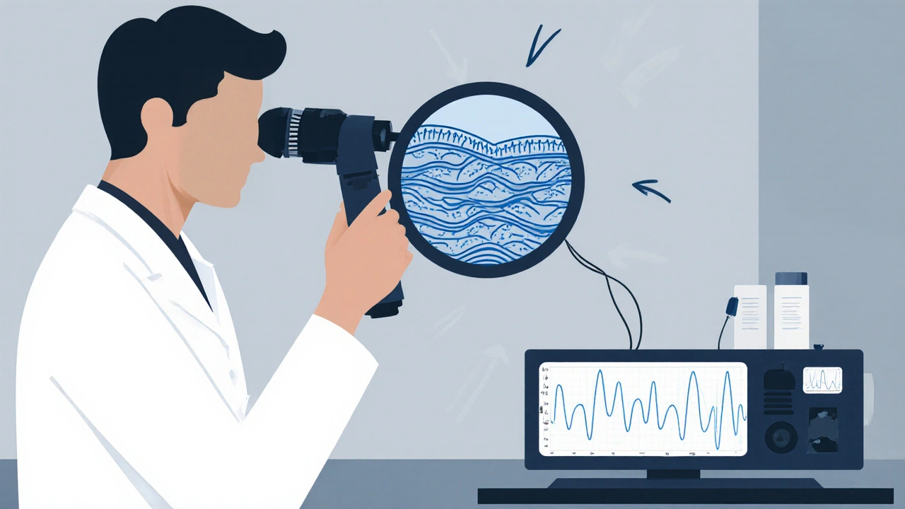 Ilustrace technika kontrolujícího vlas pod dermatoskopem v salonním laboratorním prostředí.