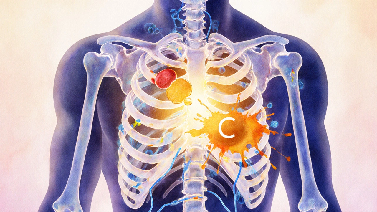 Ilustrace těla s vyznačenými účinky vitamínu D, C a B12 na kosti, imunitu a nervy.