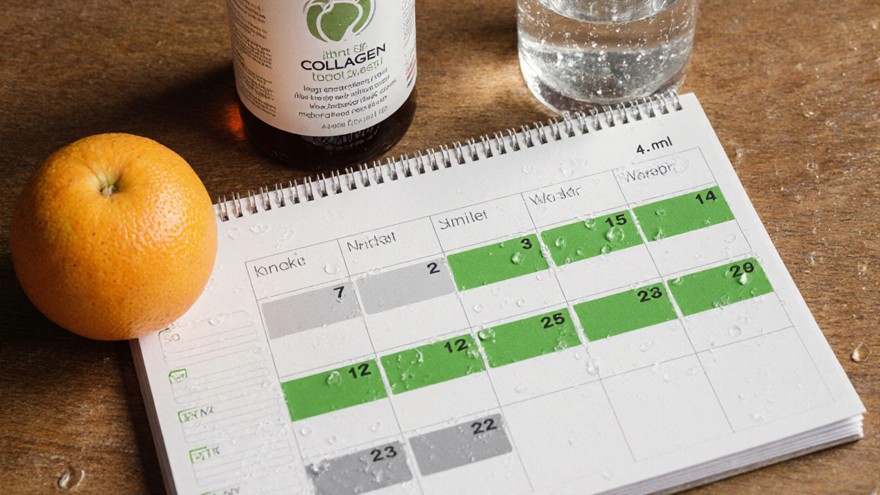 Kalendář s cyklem 8 týdnů užívání a 4 týdnů pauzy vedle kolagenu a pomeranče.