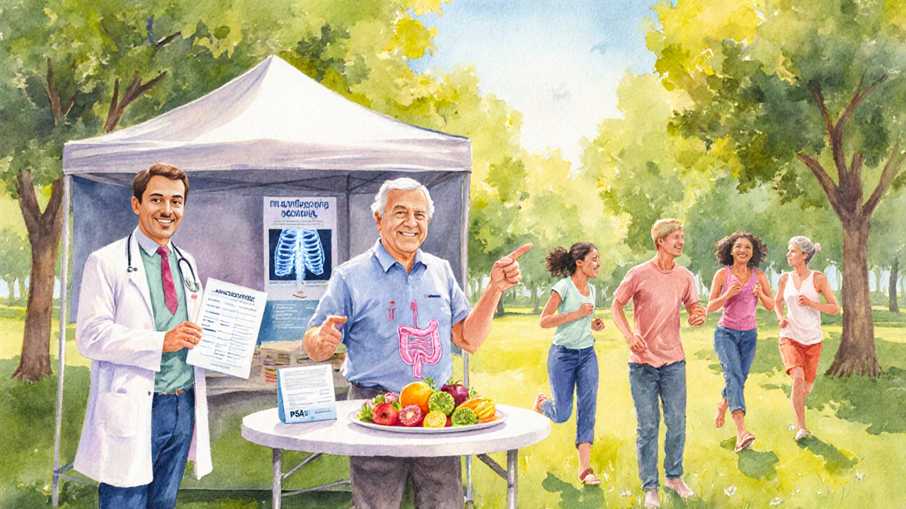 Komunita v parku, lidé sportují, jedí ovoce a doktor nabízí skríningové testy.