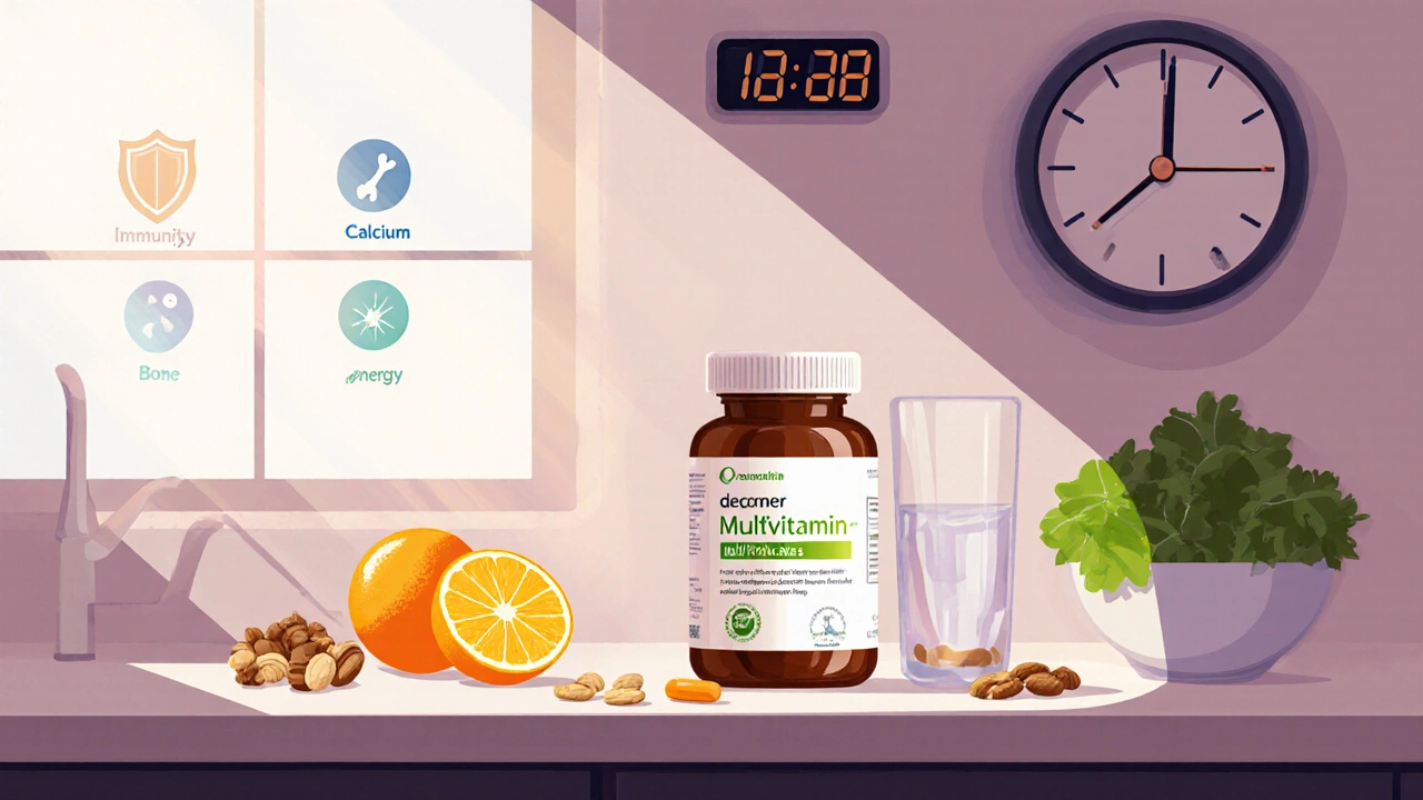 Kuchyňský pult s otevřenou láhví multivitamínů, ovocem a zdravými potravinami.