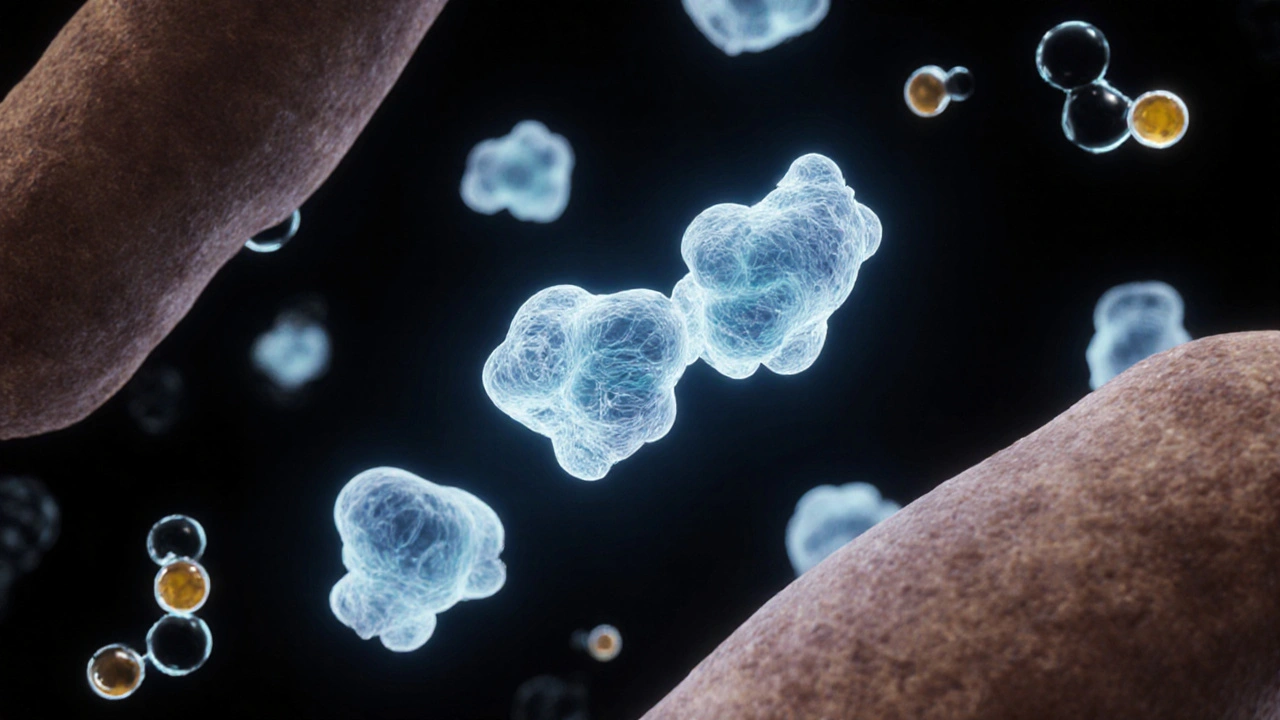 Molekulární znázornění rybího kolagenu a vitamínu C, jak společně podporují tvorbu kolagenu v těle.