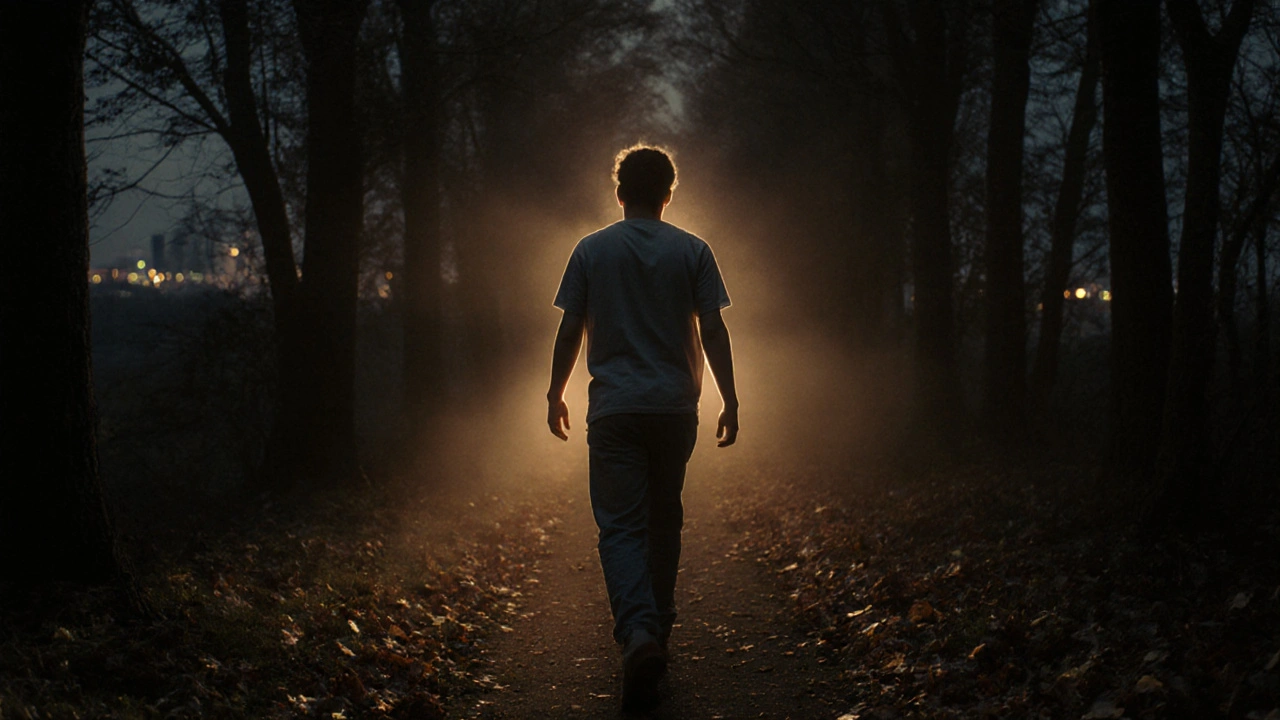 Osoba prochází lesní cestou večer, kolem ní jsou listy a mlha, jemné záře symbolizuje obnovu a klid.