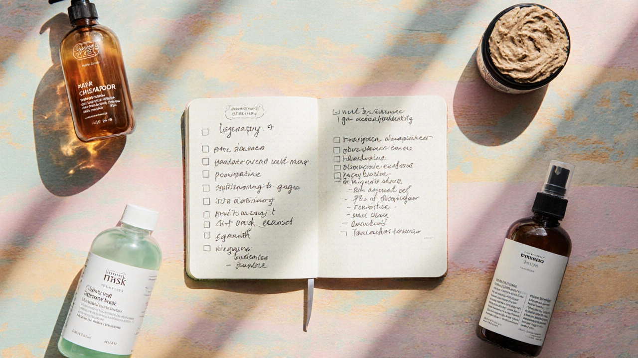 Plochý obrázek s poznámkovým seznamem a produkty péče o vlasy, jako šampon, kondicionér a maska.