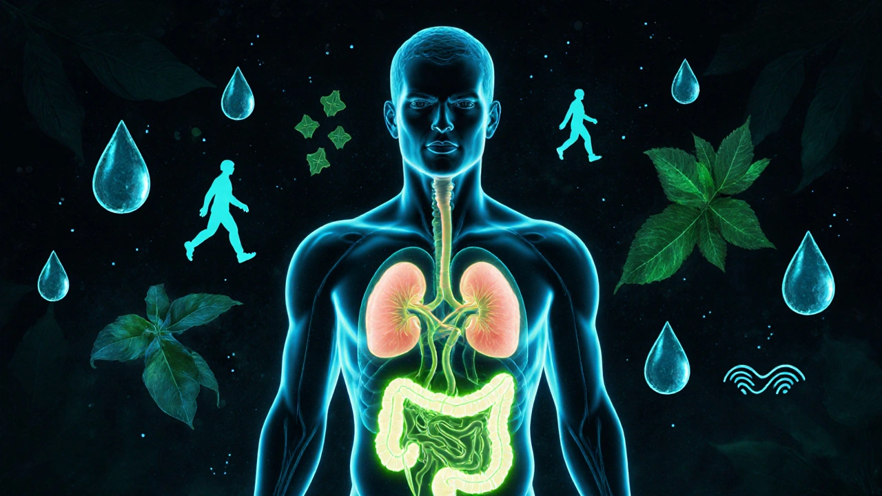 Průhledný lidský silueta s viditelnými játry, ledvinami a střevy, které září zelenou a modrou barvou, symbolizující přirozené čištění.