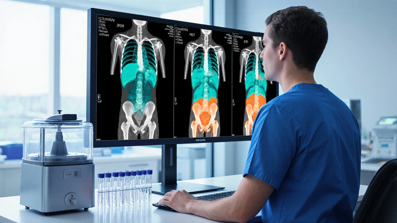 Radiolog zkoumá CT, MRI a PET snímky na monitoru v moderním laboratorním prostoru.
