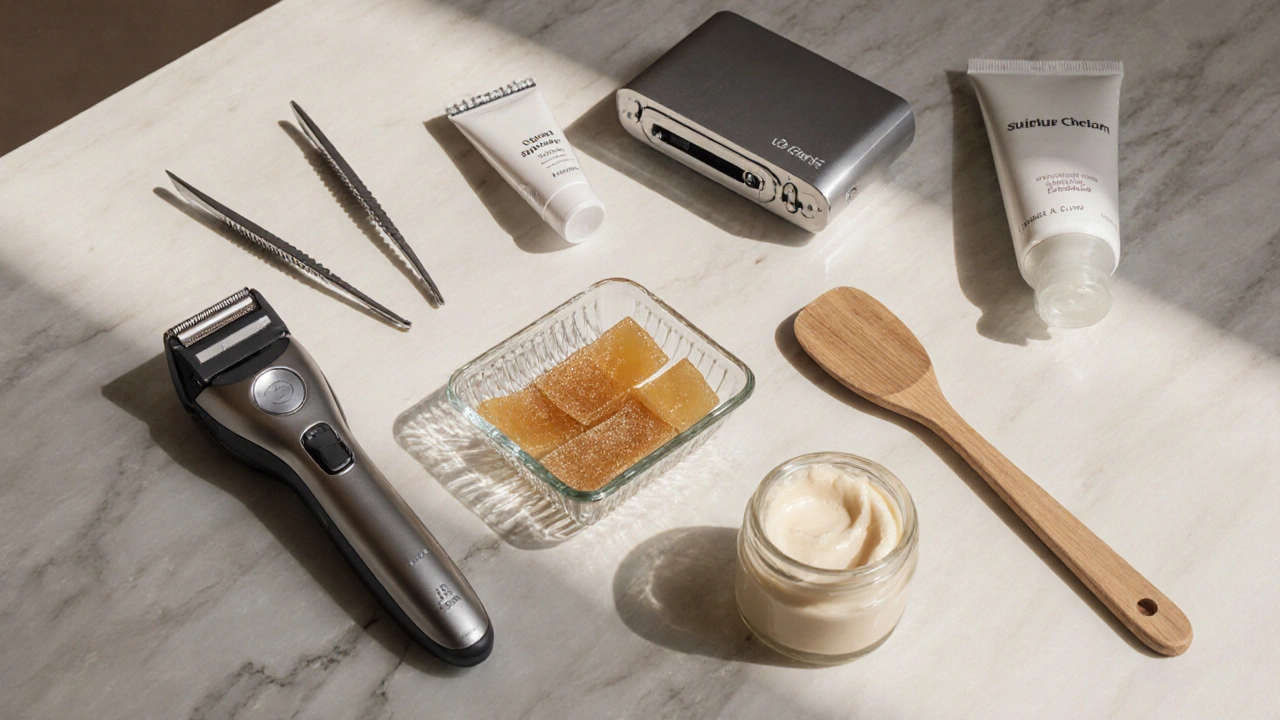 Různé nástroje pro depilaci uspořádané na mramorovém stole.