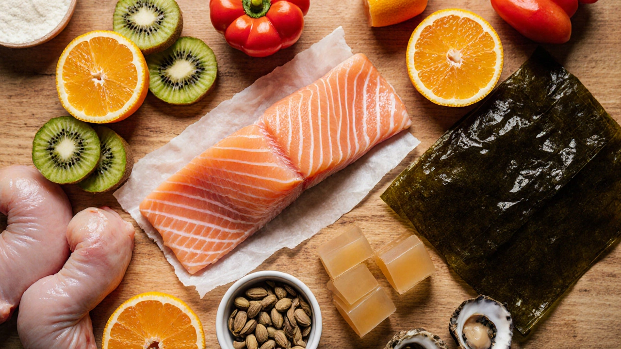 Stůl s rozloženými potravinami bohatými na kolagen a vitamín C, jako losos, kuřecí kůže, ovoce a ořechy.