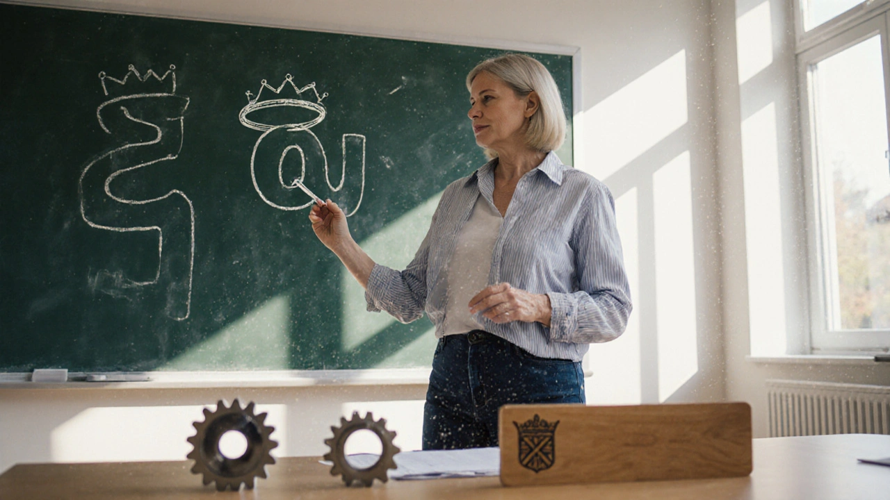 Teacher pointing at a ringed "u" on chalkboard, surrounded by manicure kit, gear, and name‑plate.