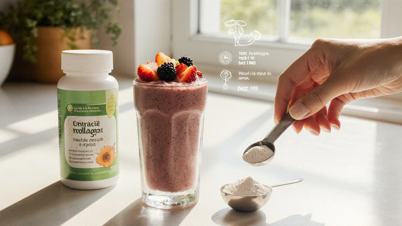Žena přidává kolagenový prášek do smoothies v sluncem zalité kuchyni, viditelná láhev s označením.