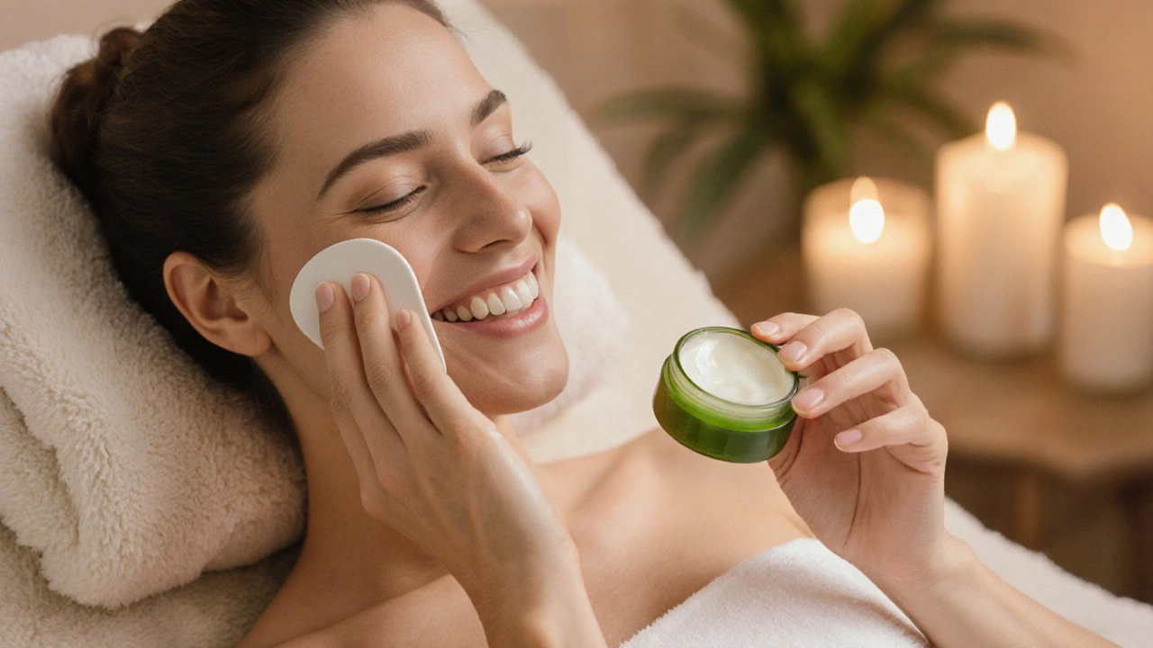 Žena v spa relaxuje, nanáší aloe gel na hladkou pokožku po holení, za ní svíčky a měkké světlo.