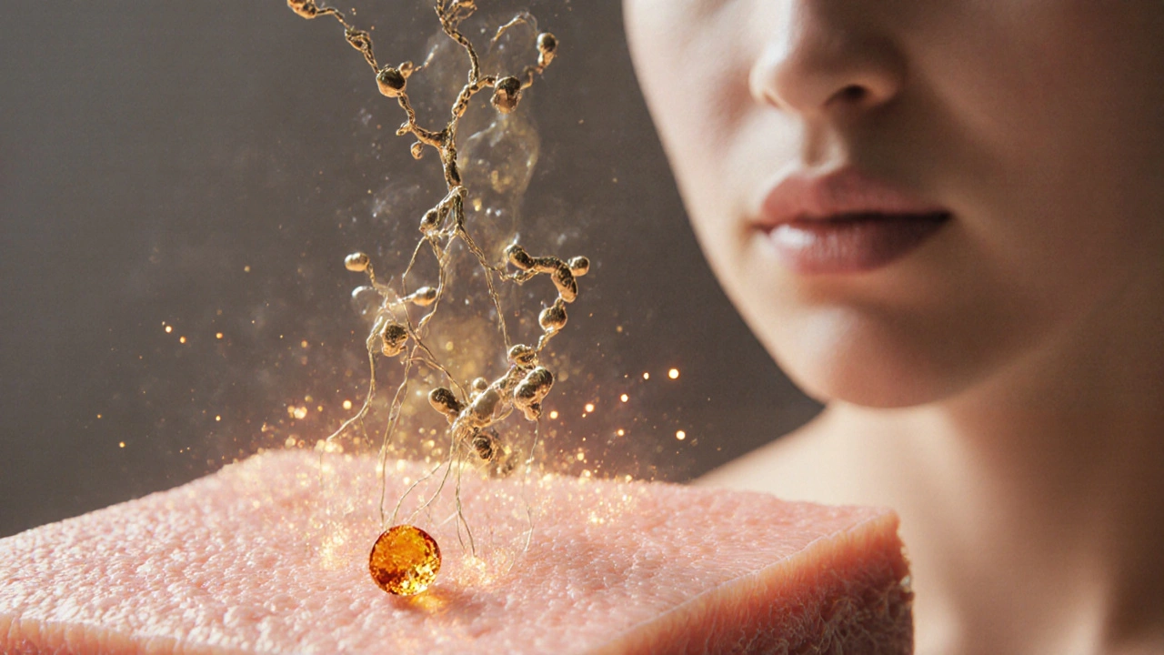 Zlaté molekuly kolagenu se integrují do kůže, doprovázené vitamínem C.