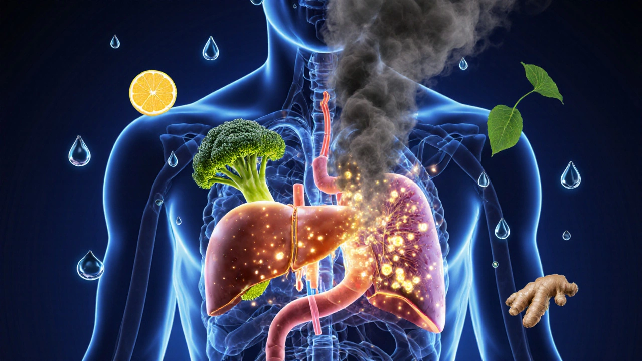 Abstraktní ilustrace jater přeměňujících toxiny na čistou energii pomocí přírodních látek.