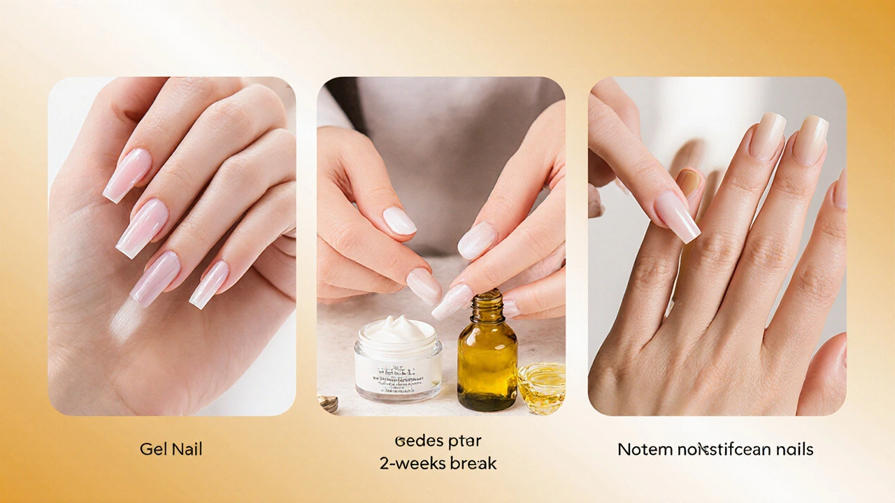 Časová osa péče o umělé nehty: nové, naplněné a obnovené přirozené nehty s olejem.