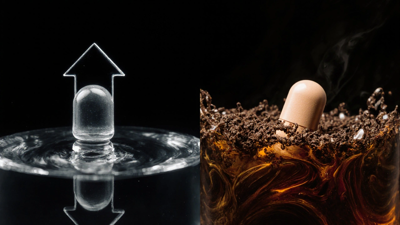 Dva scénáře vstřebávání léku: voda (jasná) a čaj (zakázaná překážka).