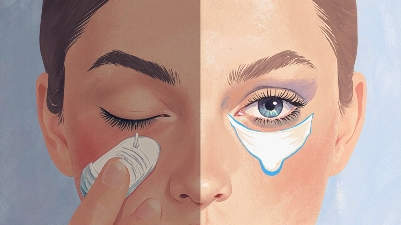 Dvě části obličeje: jedna s chybnou aplikací krému a otoky, druhá s správnou aplikací kolem očí.