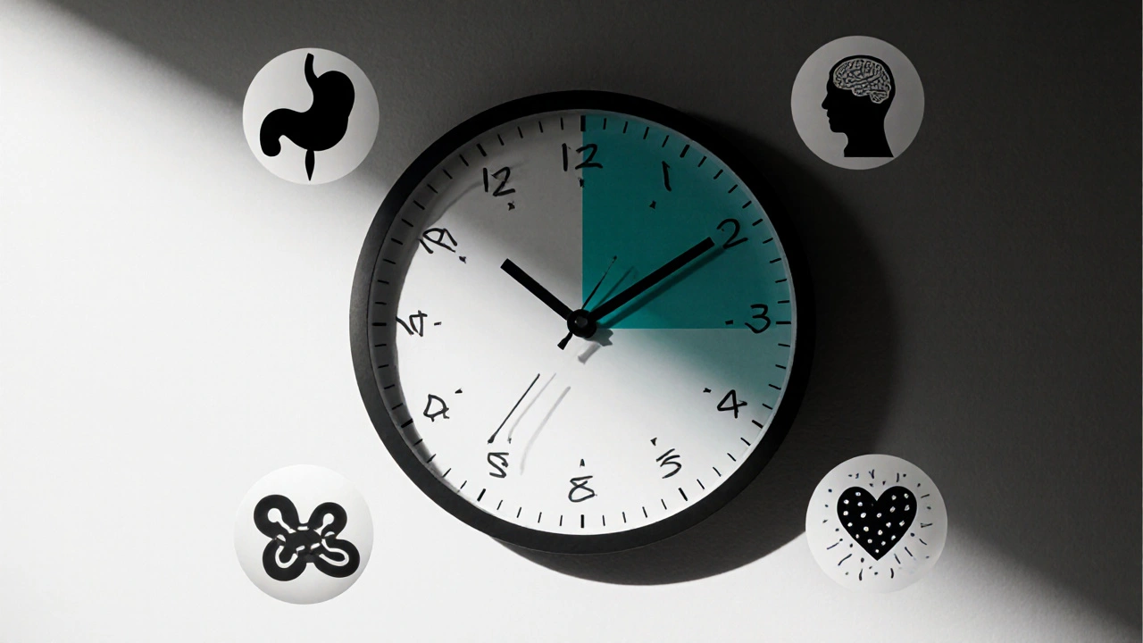 Hodiny tvořené tvary střevní mikroflóry s označenými časovými body účinku probiotik.