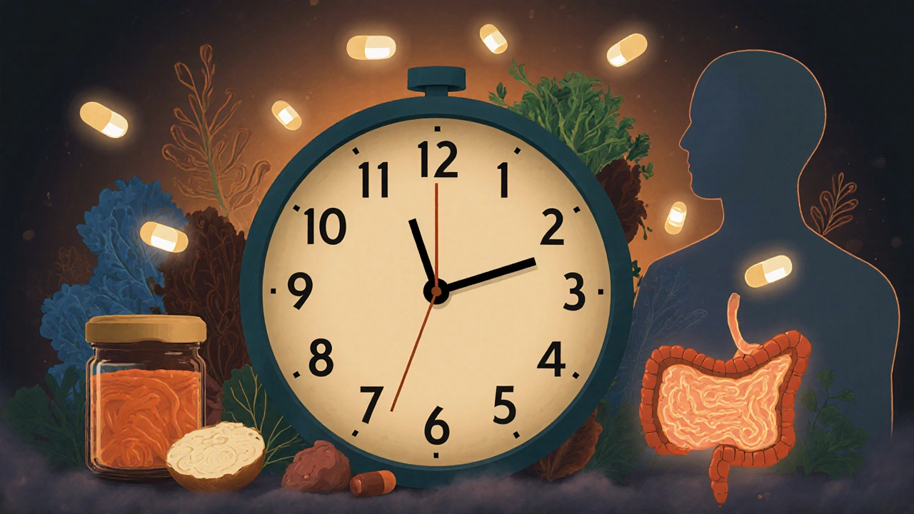 Hodiny ukazující 2–7 dní s probiotiky a kvašenými potravinami, symbolizující čas potřebný k obnově střevní mikroflóry.