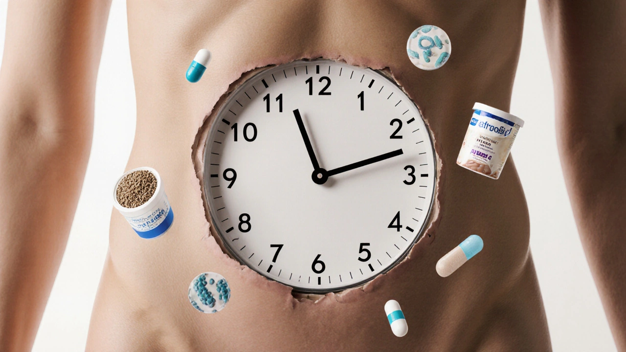 Hodiny v břiše ukazující postupnou obnovu mikrobiomu po užití antibiotik.