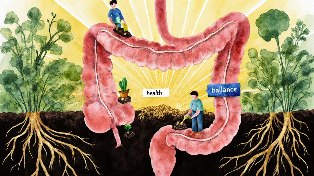 Ilustrace střeva jako zahrady, kde bakterie jako zahradníci pěstují zdraví a rovnováhu.