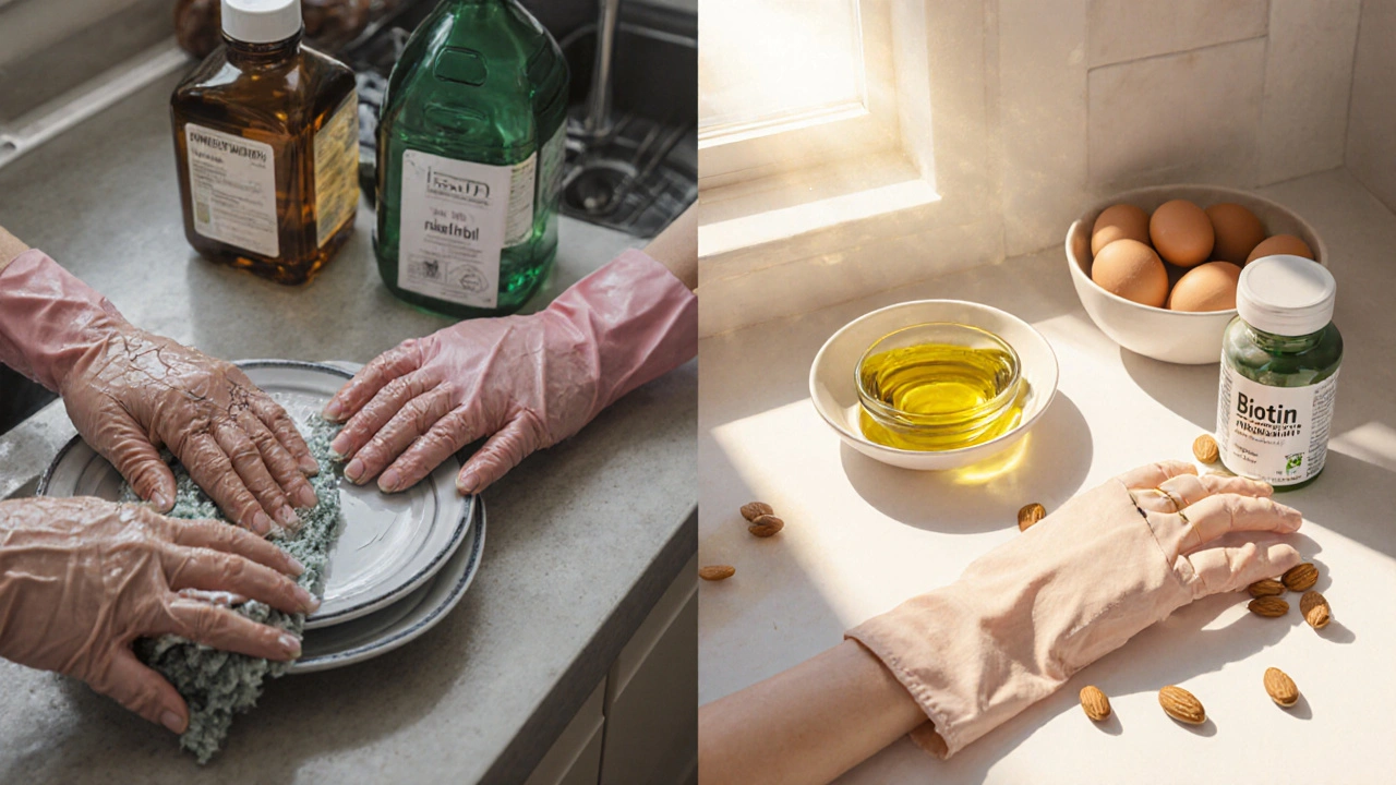 Kontrast mezi poškozenými nehty při čištění a zdravou péčí s olejem a živinami.