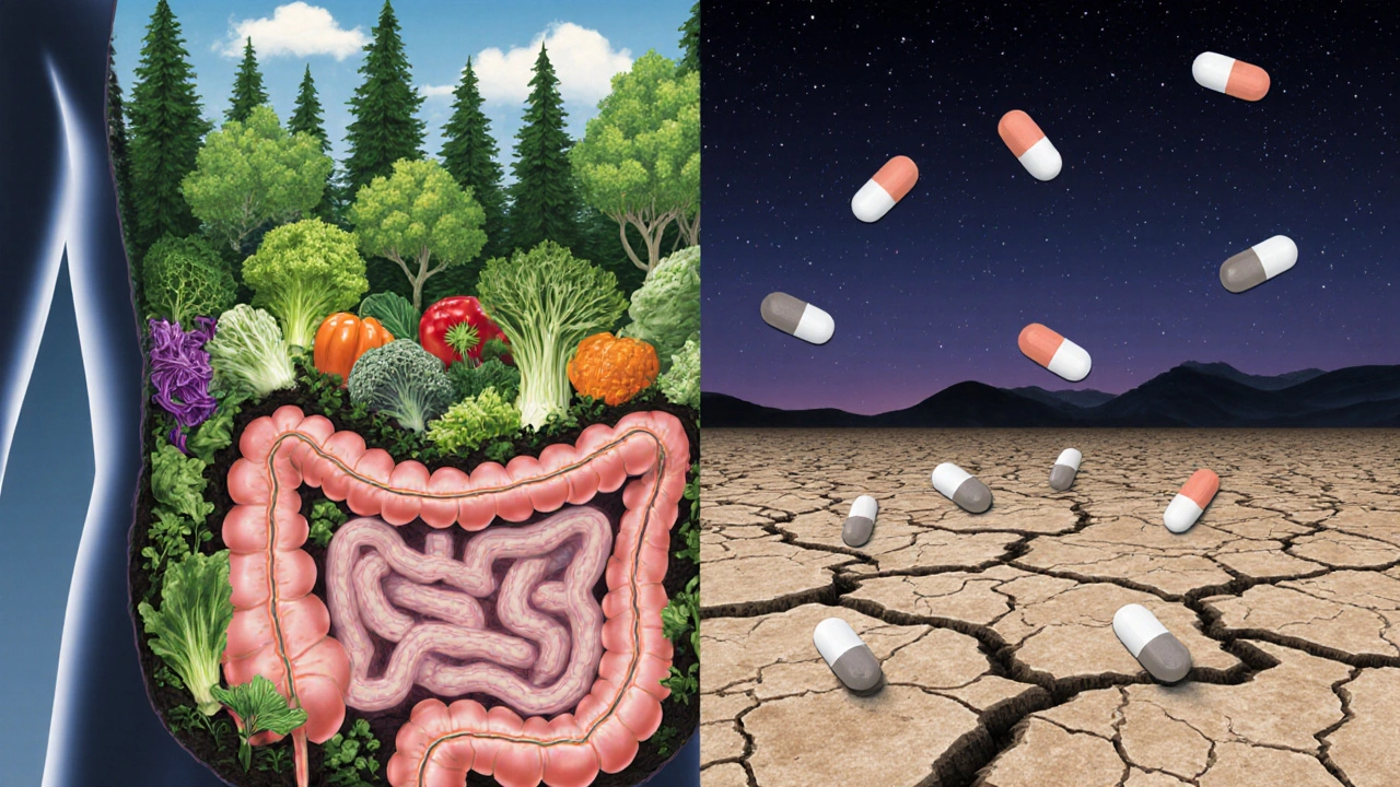 Kontrast mezi zdravou střevní flórou s kvasnými potravinami a poškozeným prostředím po antibiotikách.