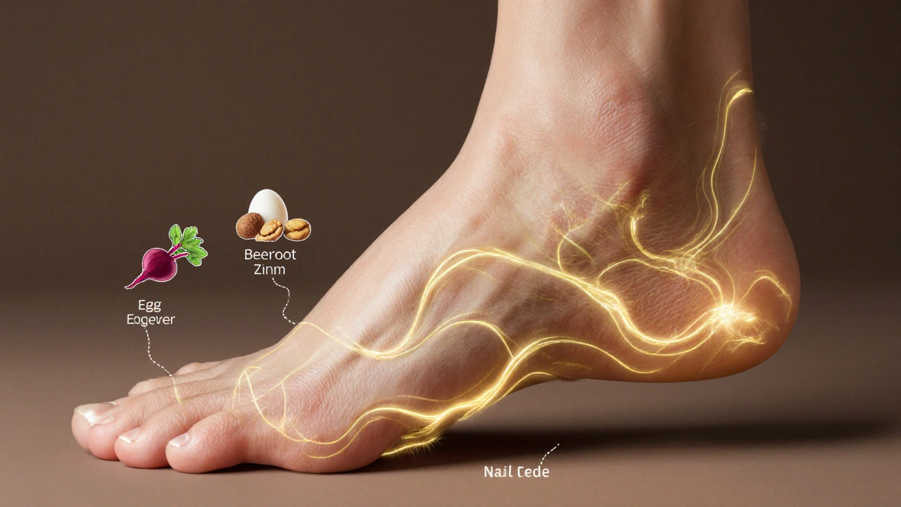 Krevní oběh živin do nehtového lůžka z potravin jako řepa a ořechy.