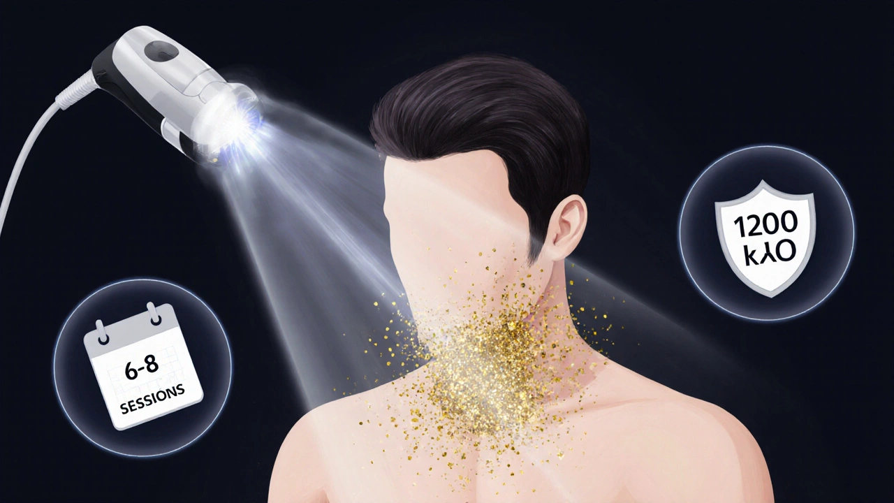 Laserové paprsky rozptýlují vlasové folikuly na stylizovaném těle, symbolizující trvalé odstranění.