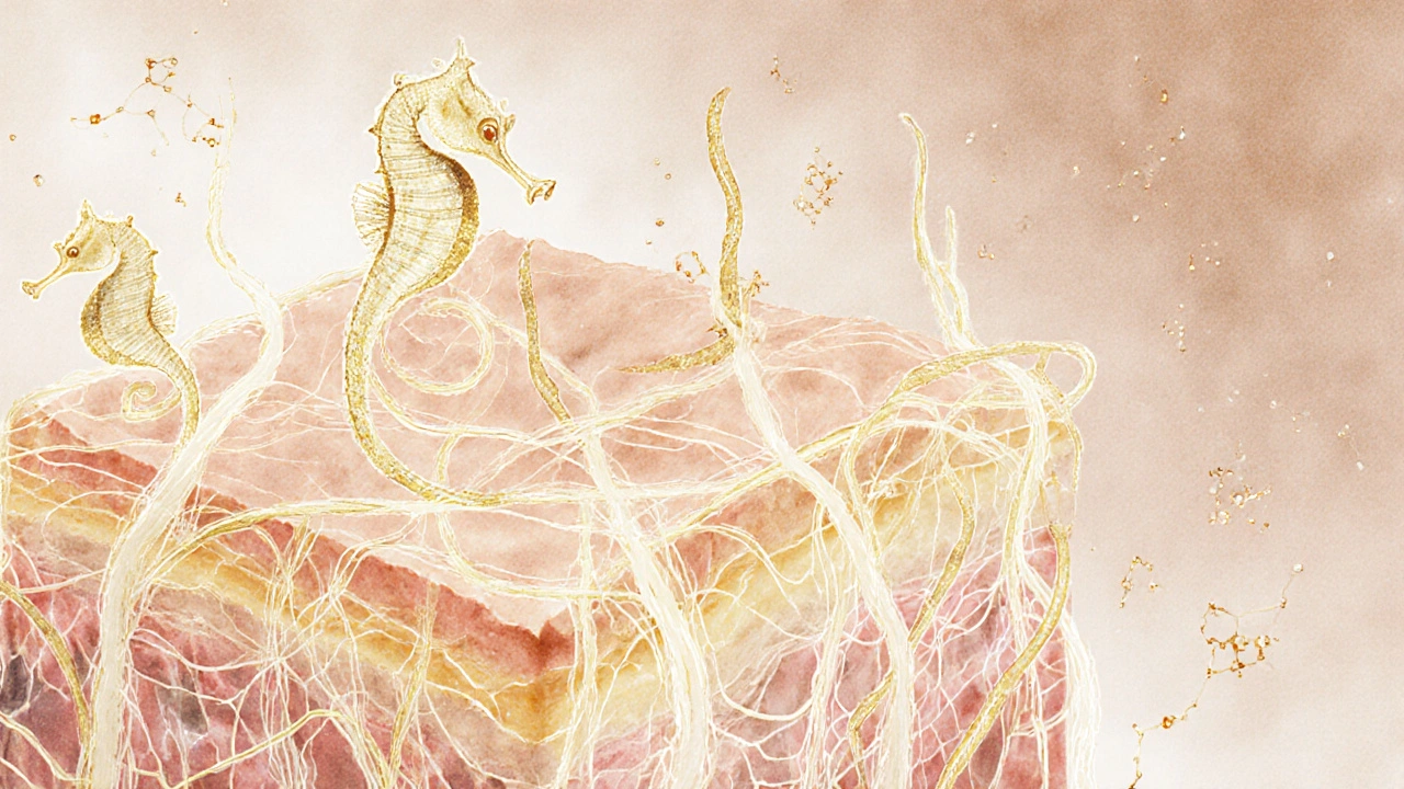 Lidská kůže jako síť z kolagenových vláken tvaru mořských koníků, svítících v jemných odstínech.