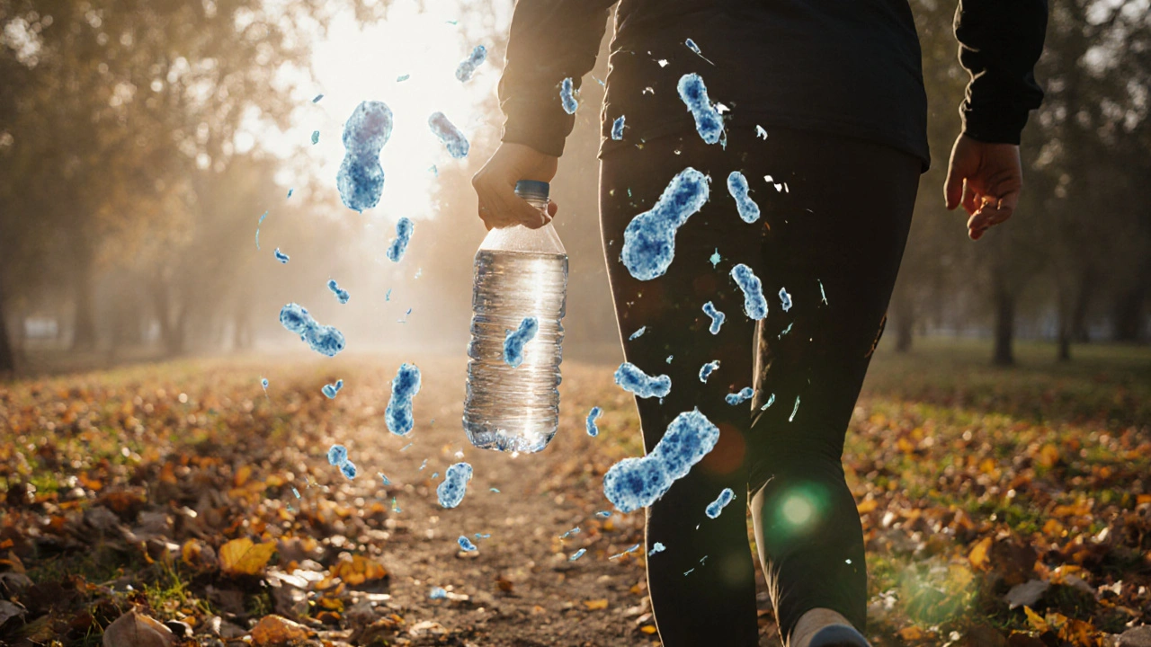 Osoba kráčí v parku ráno s lahvičkou vody, kolem ní se vznášejí symboly probiotik.