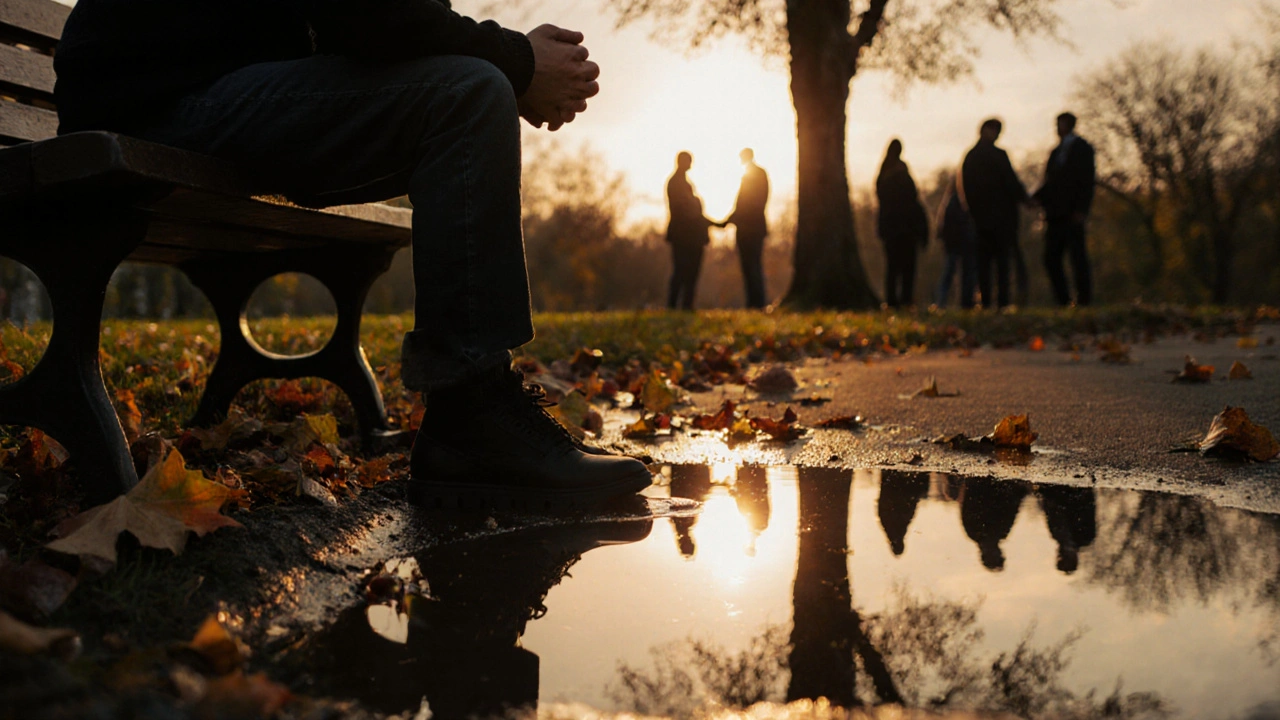 Osoba na lavičce v západu slunce, hledí na svou odraz v kaluži, žádný alkohol.