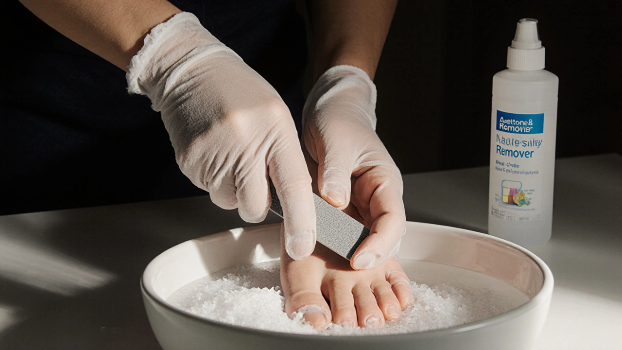 Osoba opatrně pilí nehty na nohou v koupelně s rukavicemi.