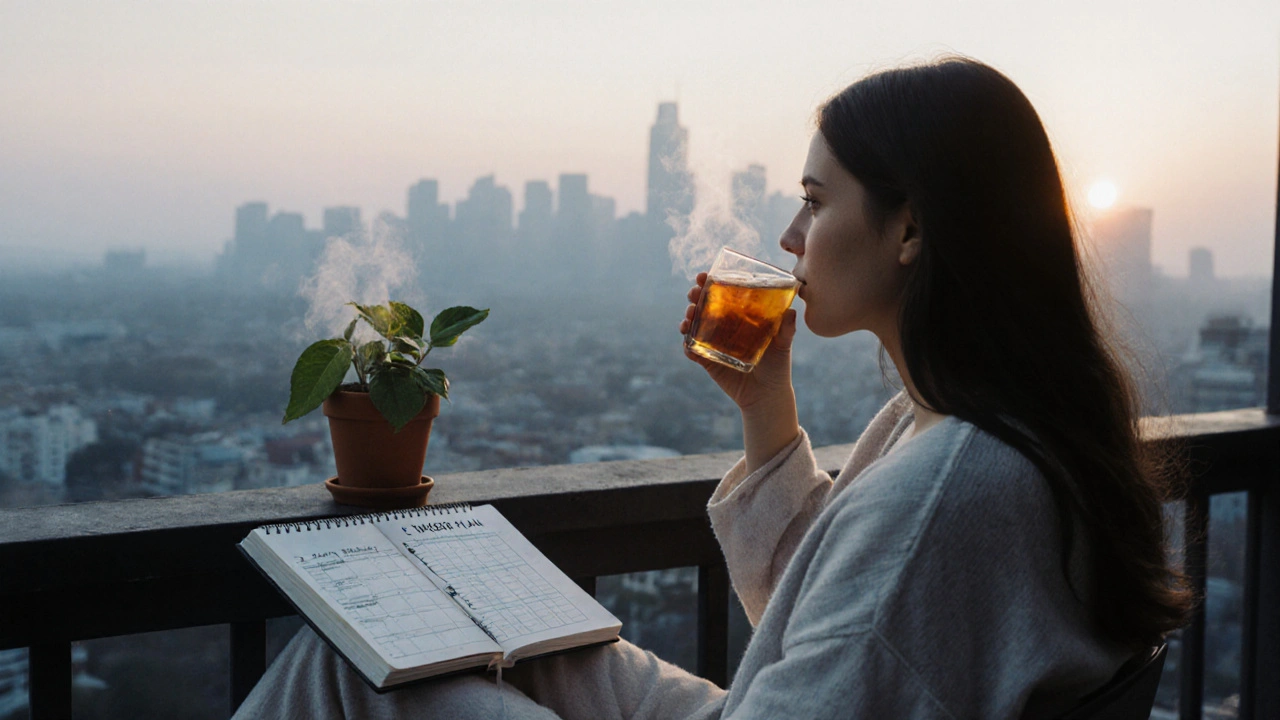 Osoba pije čaj zázvoru s citronem na balkoně ráno v klidné atmosféře.