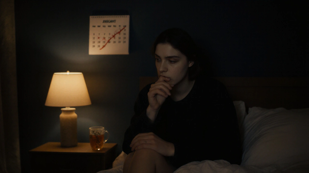 Osoba v klidu v posteli před spaním, dělá pomalý dech ve výhřevu lampy