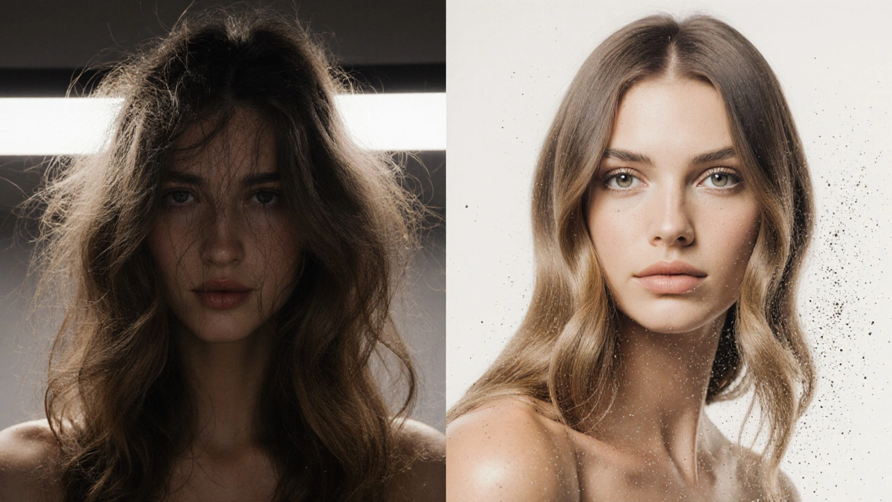 Porovnání poškozených a chráněných vlasů: vlevo frizované a suché, vpravo lesklé a zdravé po aplikaci séra.