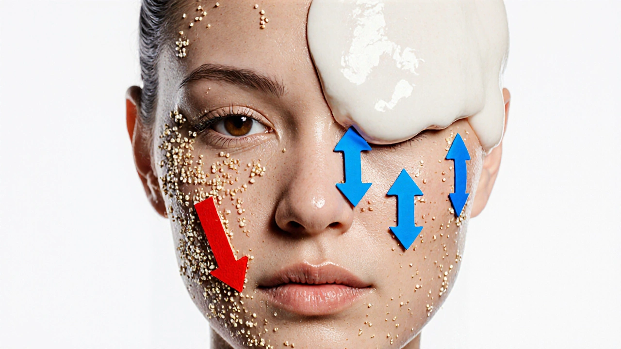 Porovnání suché a hydratované pleti s ilustrací pohybu vlhkosti.