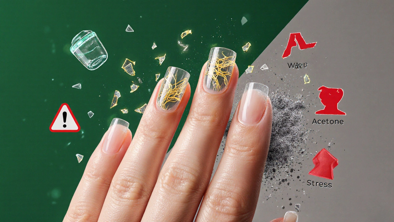 Přehledný obraz lidské ruky s průhlednými nehty, kde jsou vidět vitamíny a bílkoviny jako zlaté vlákna pod povrchem.