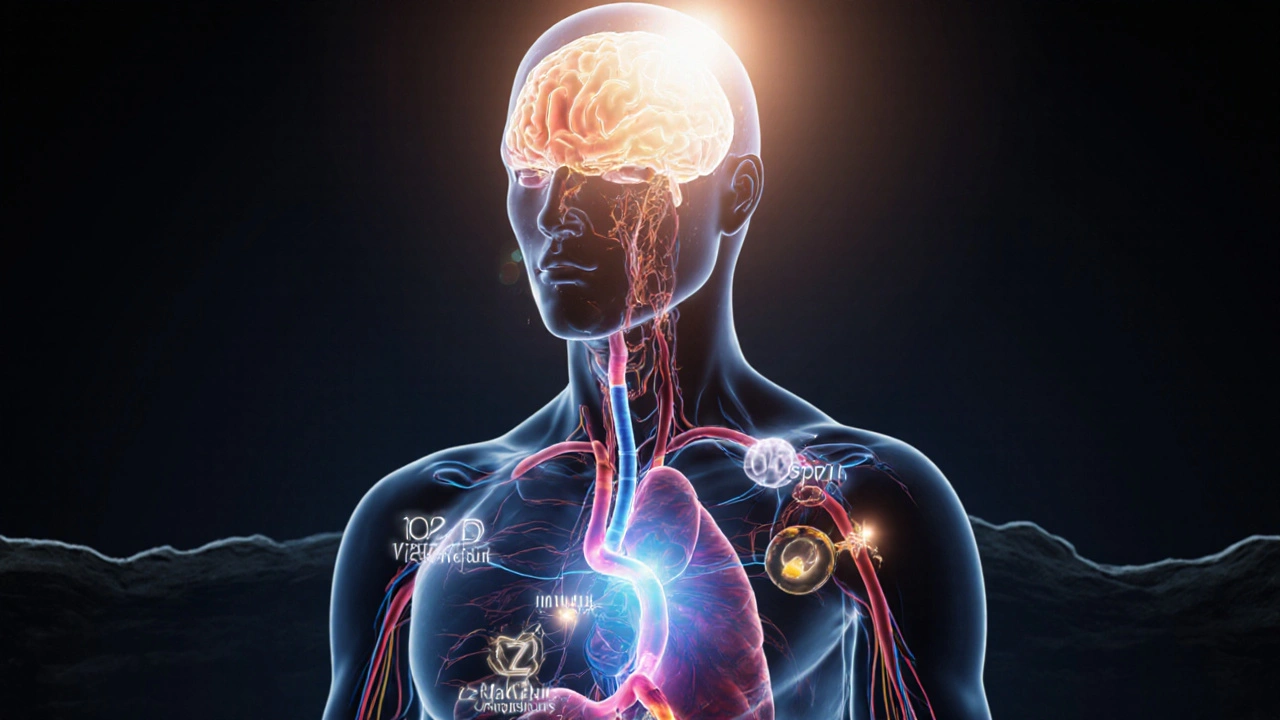 Průhledný lidský obraz s vyznačenými cestami vitamínů D, B12, C a magnezia v těle