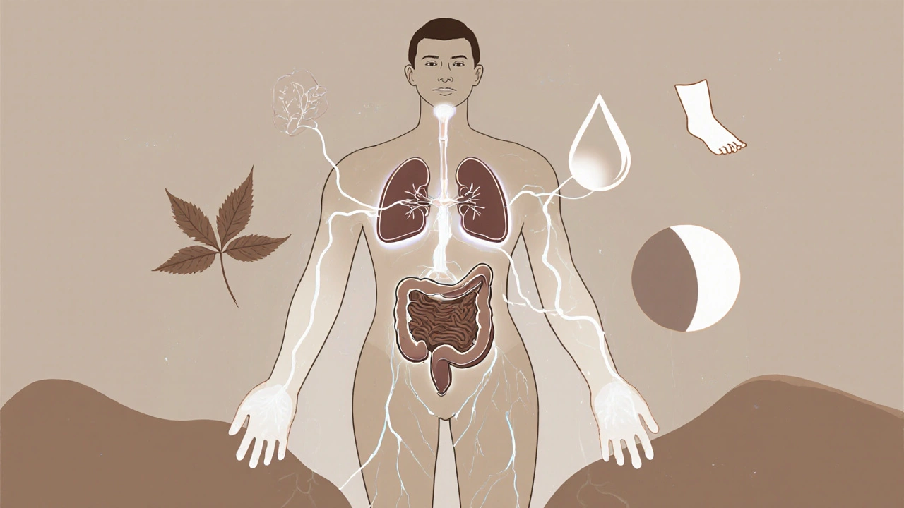 Průhledný lidský organismus s osvětlenými detoxikačními orgány a přírodními symboly