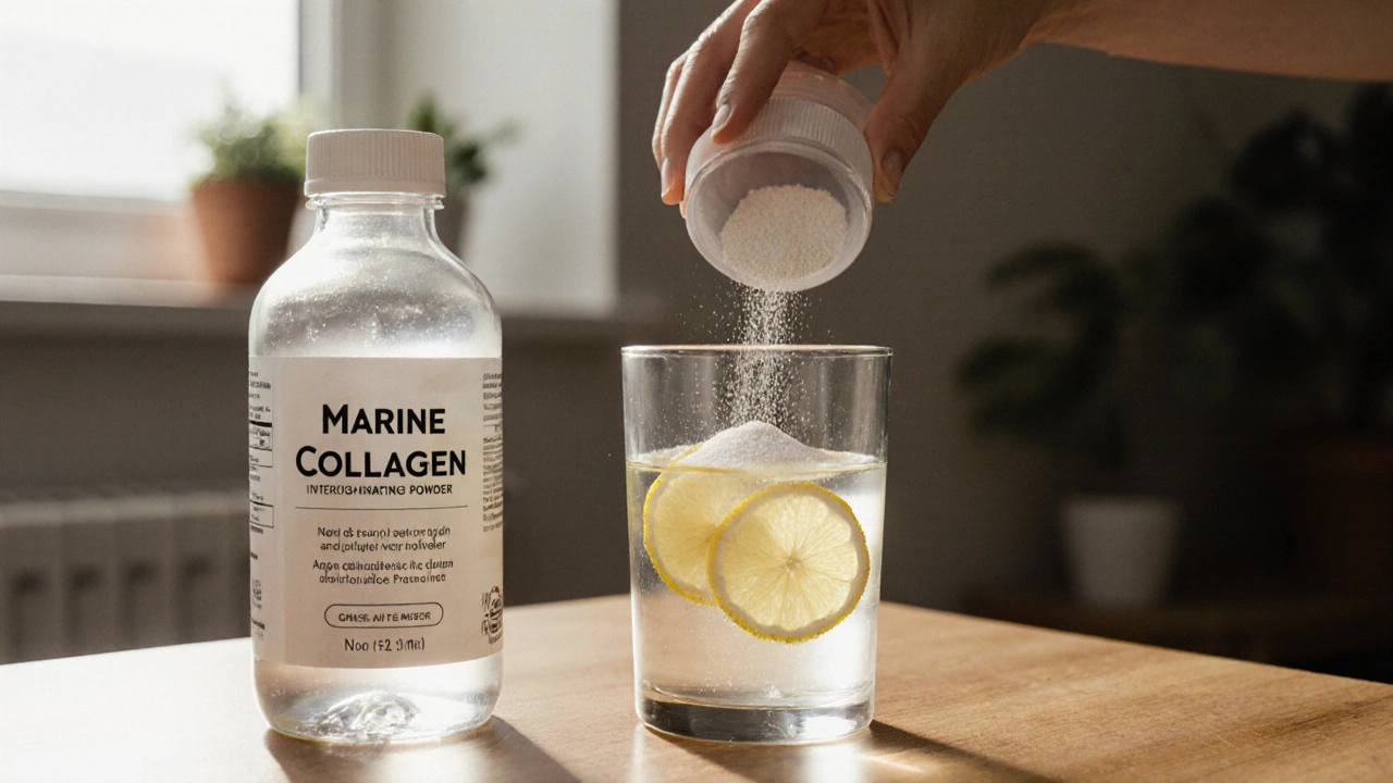 Ráno v kuchyni: prášek mořského kolagenu se rozpouští ve vodě s citronem.