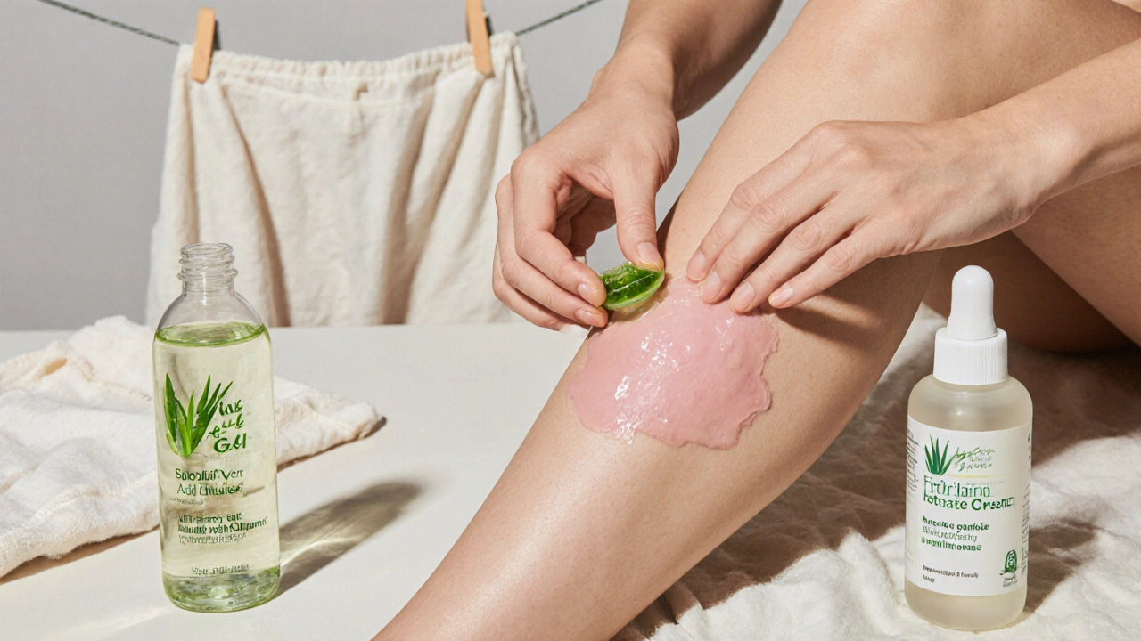 Ruka aplikuje čistý aloe vera gel na kůži po depilaci.