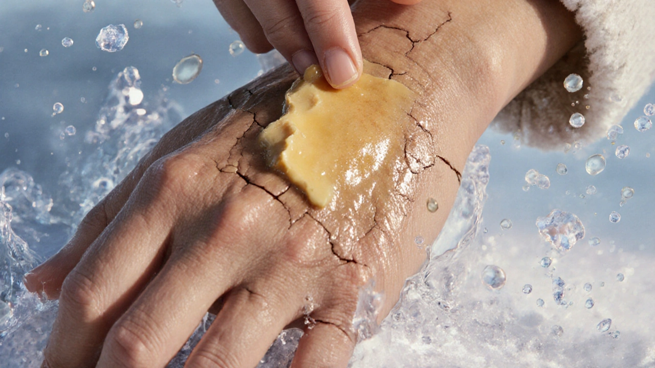 Ruka aplikující syrový tuk shea na prasklou kůži s viditelným hydratačním účinkem.