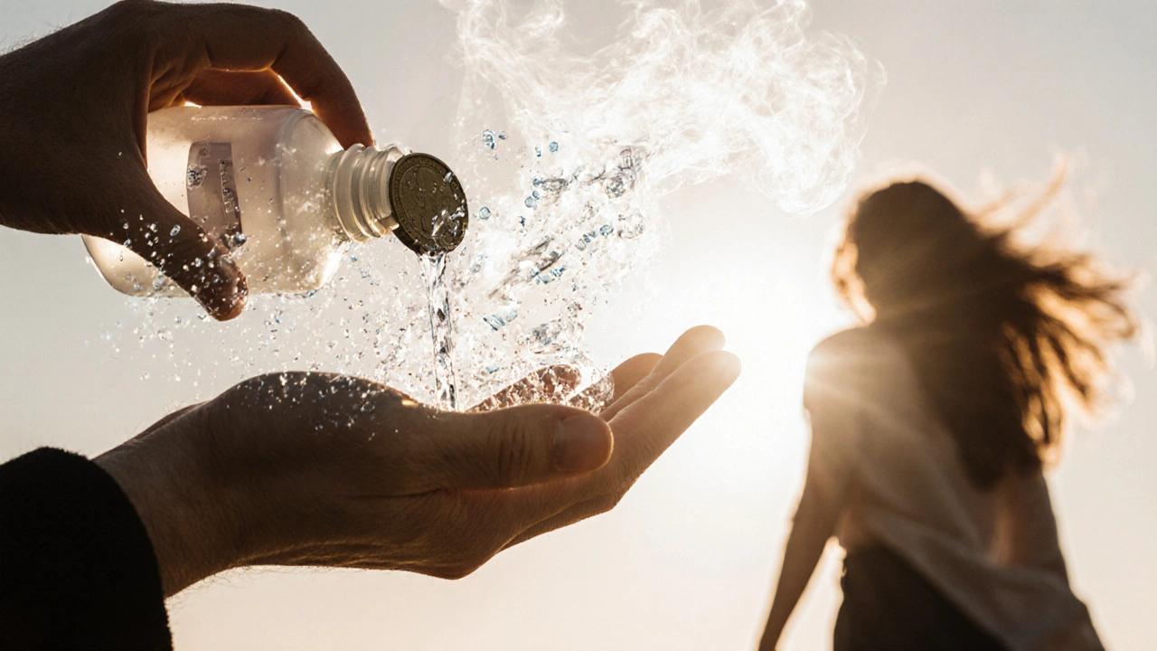 Ruka s malým množstvím šamponu, škodlivé složky se mění v kouř, za nimi člověk ve světle.