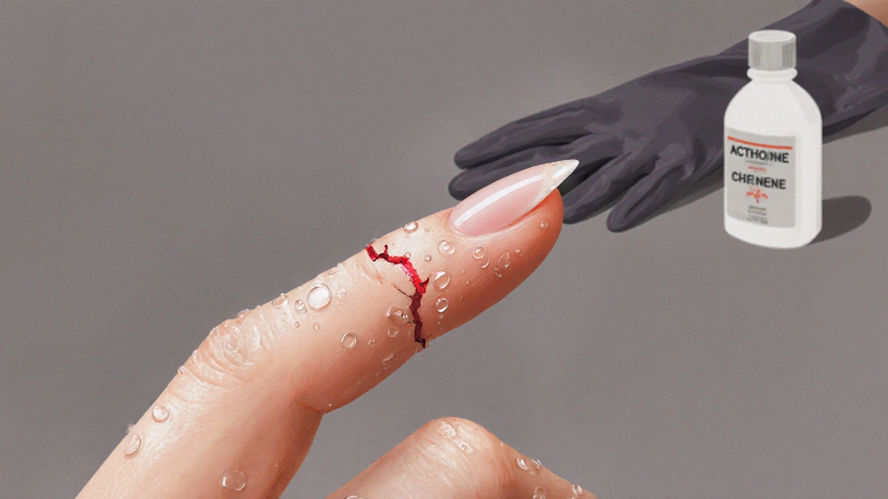 Ruka s odlepujícím se umělým nehtem a vodními kapkami, s rukavicemi a acetónem na pozadí.