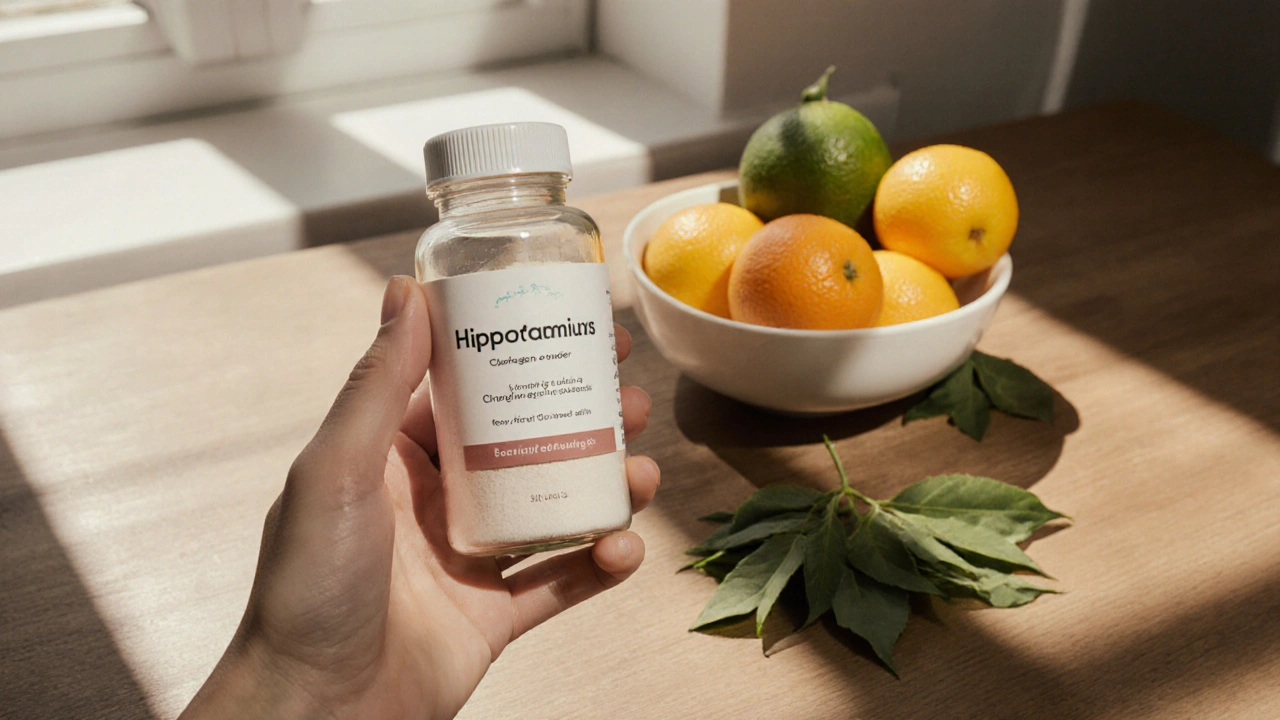 Sklenička s mořským kolagenem vedle citrusových ovoce a zeleného čaje na dřevěném stole.