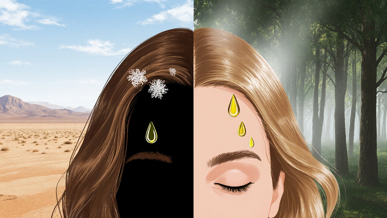 Srovnání suchých a zdravých vlasů na kůži hlavy, jedna strana suchá a poškozená, druhá lesklá a živá.