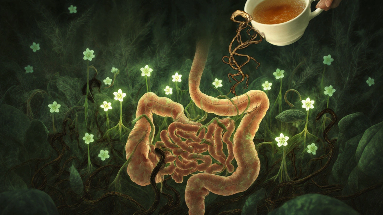 Střevní mikrobiom jako zahrada s květy bakterií a čajovými těnami poškozujícími kořeny.